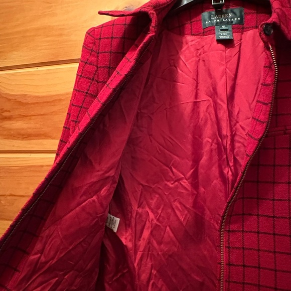 Lauren Ralph Lauren  Wool Plaid Blazer Women's Red/black Zip Pockets - Picture 12 of 12